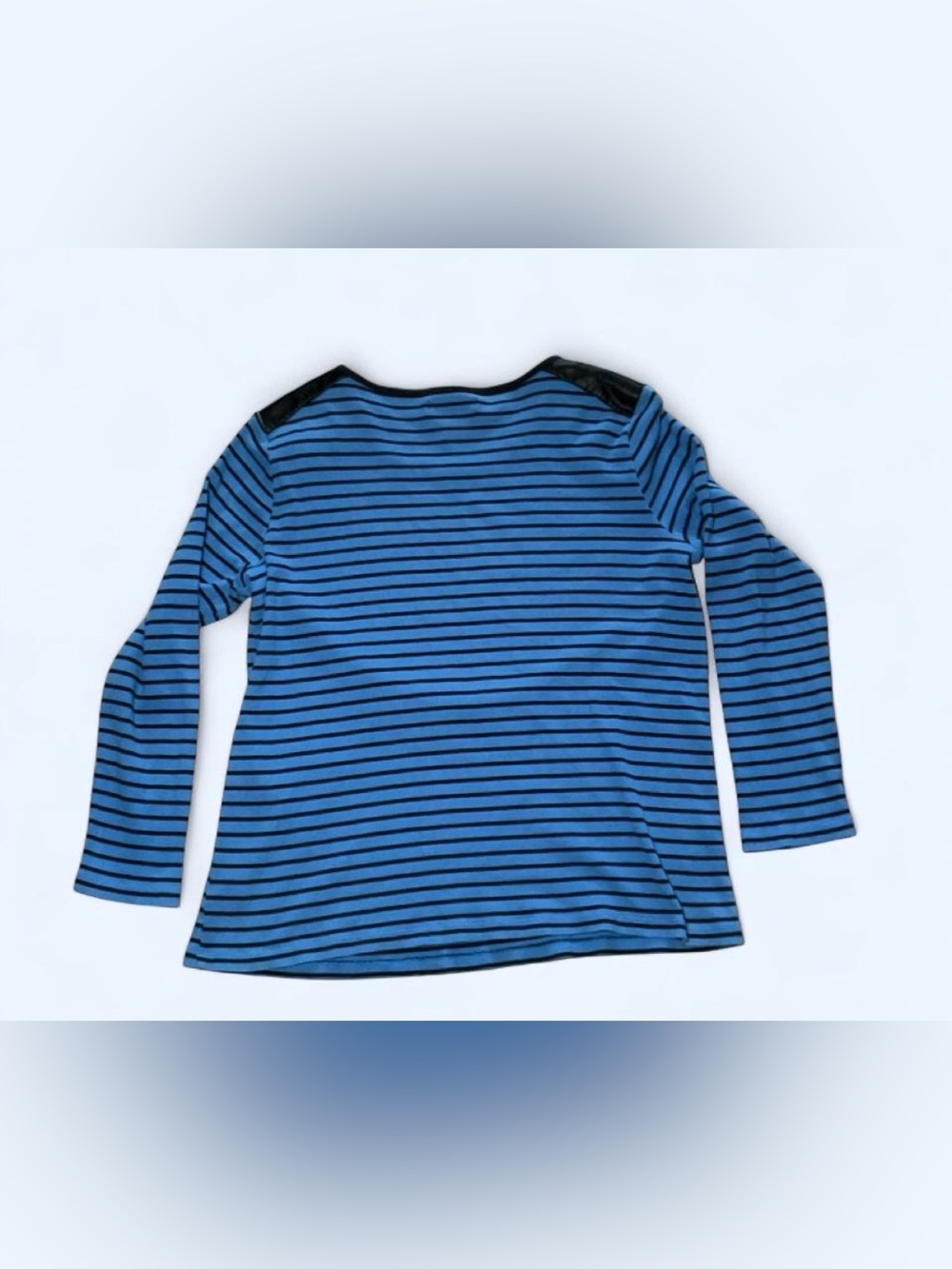 Ralph Lauren Blue and Black Striped Long-Sleeve Top with Faux Leather Shoulders - Picture 2 of 5